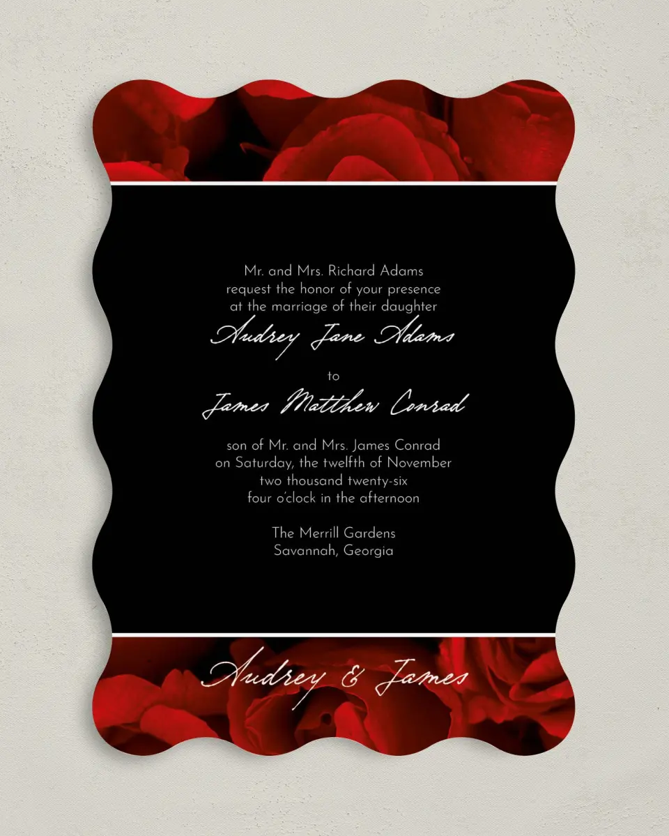 This is a 5" x 7" Wavy Wedding Invitation called Dramatic Roses printed in full color on Premium Smooth paper