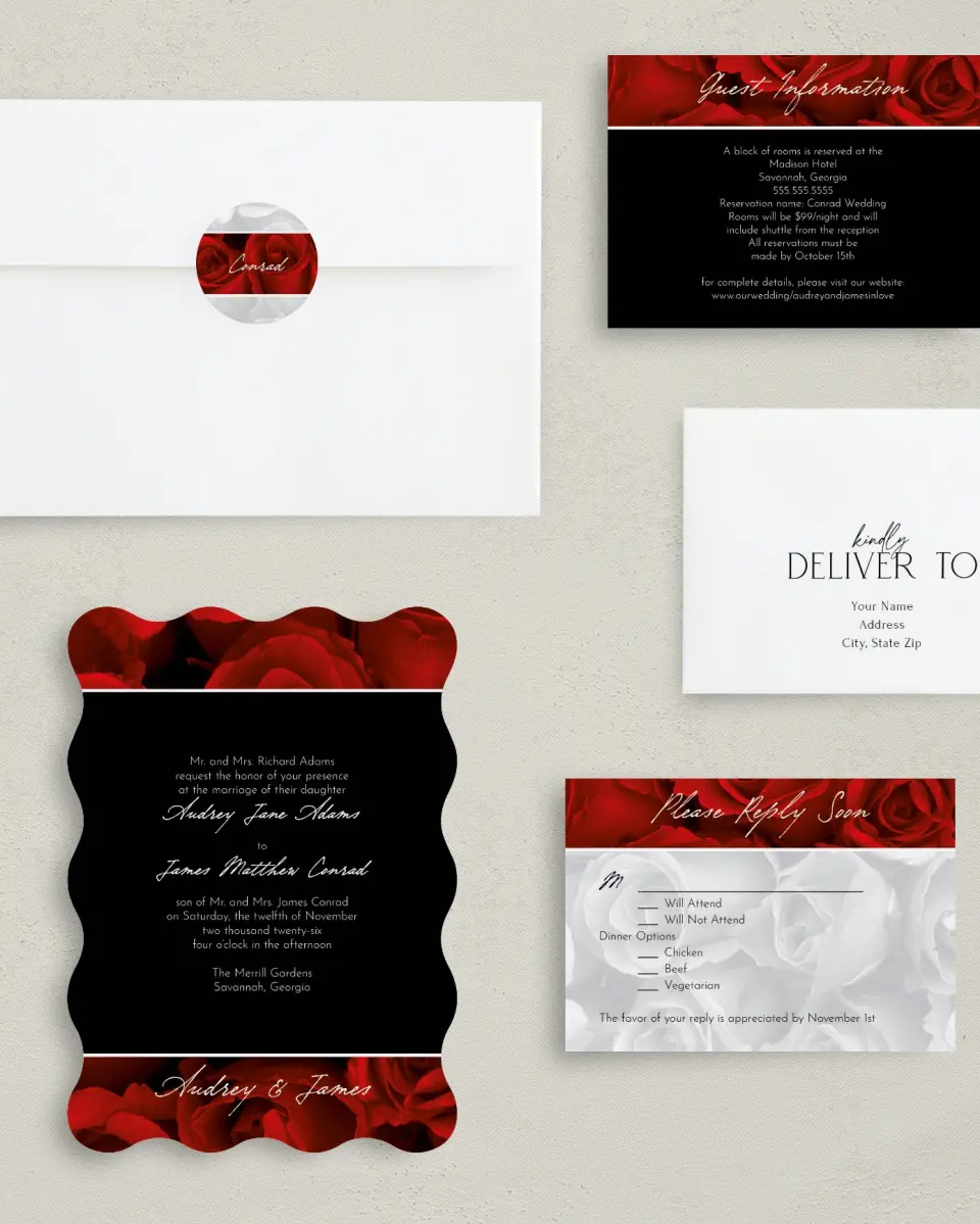 This is a 5" x 7" Wavy Wedding Invitation called Dramatic Roses printed in full color with Gold foil on Luxe Satin (coated) paper