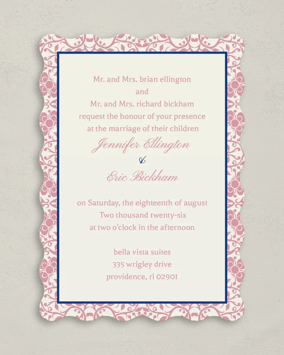 This is a 5" x 7" Wavy Wedding Invitation called Floral Ornament printed in full color on Premium Smooth paper