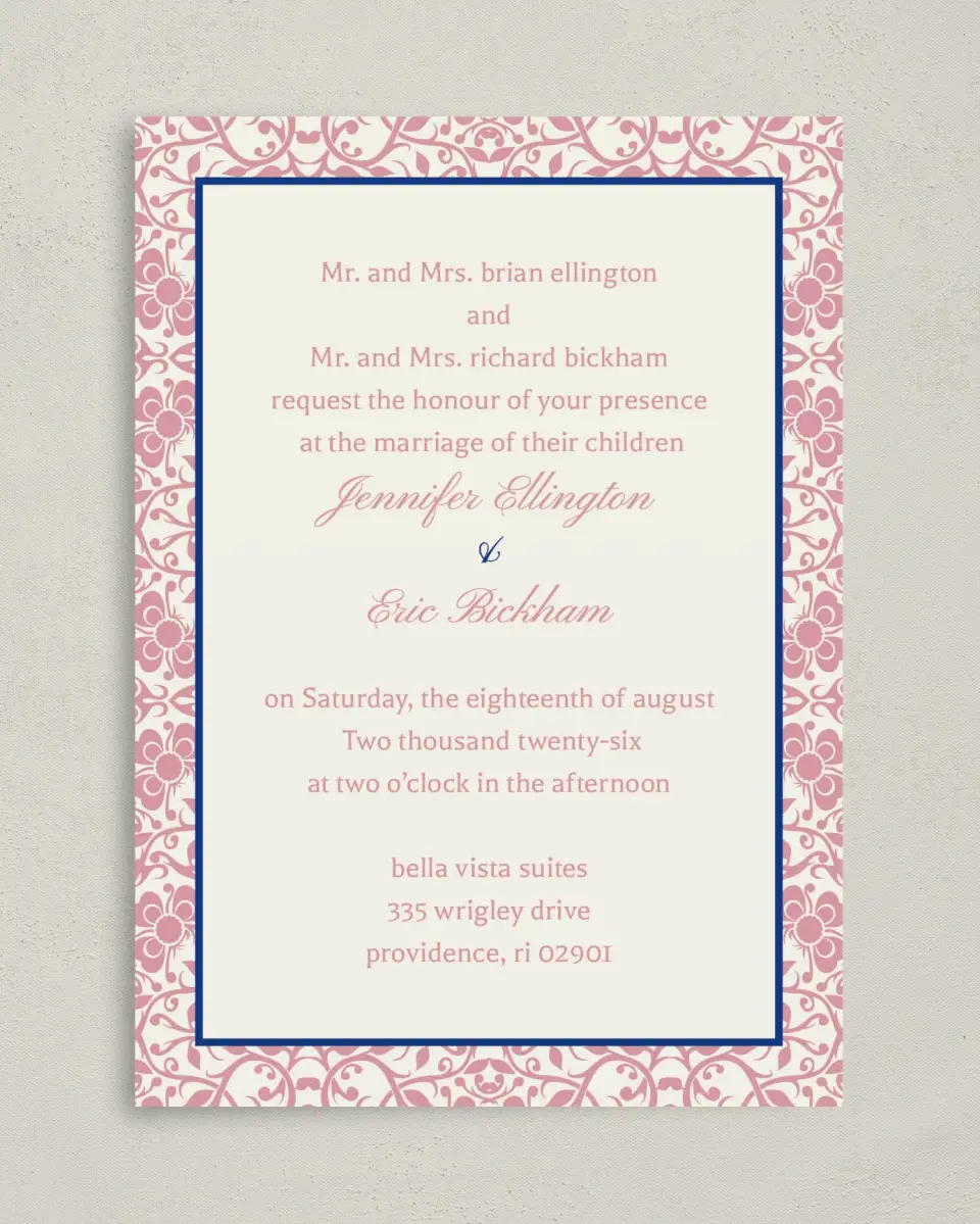 This is a 5" x 7" Classic Wedding Invitation called Floral Ornament printed in full color on Premium Smooth paper