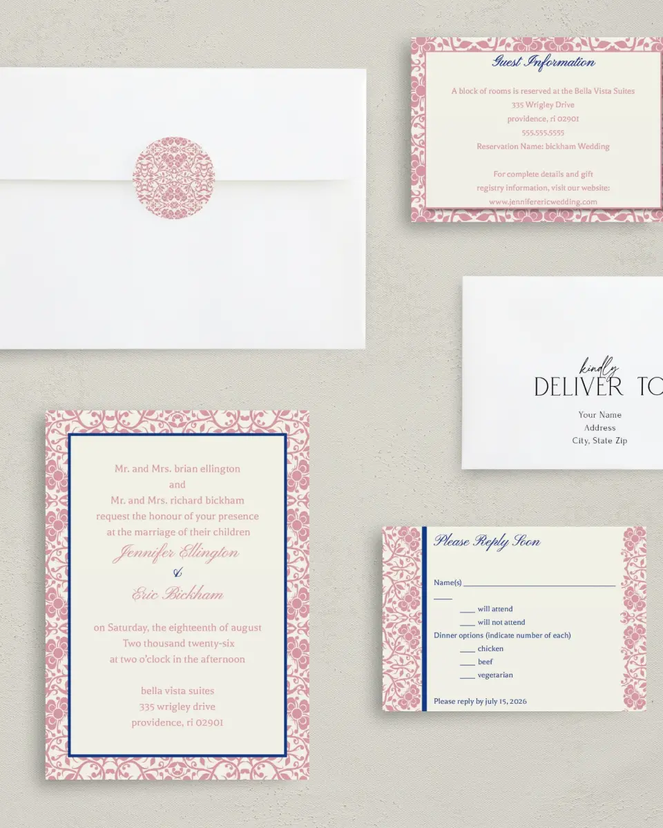 This is a 5" x 7" Classic Wedding Invitation called Floral Ornament printed in full color on Premium Smooth paper