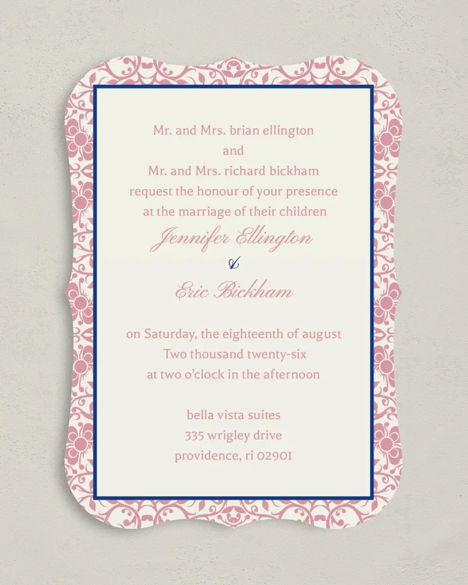 This is a 5" x 7" Bracket Wedding Invitation called Floral Ornament printed in full color on Premium Smooth paper
