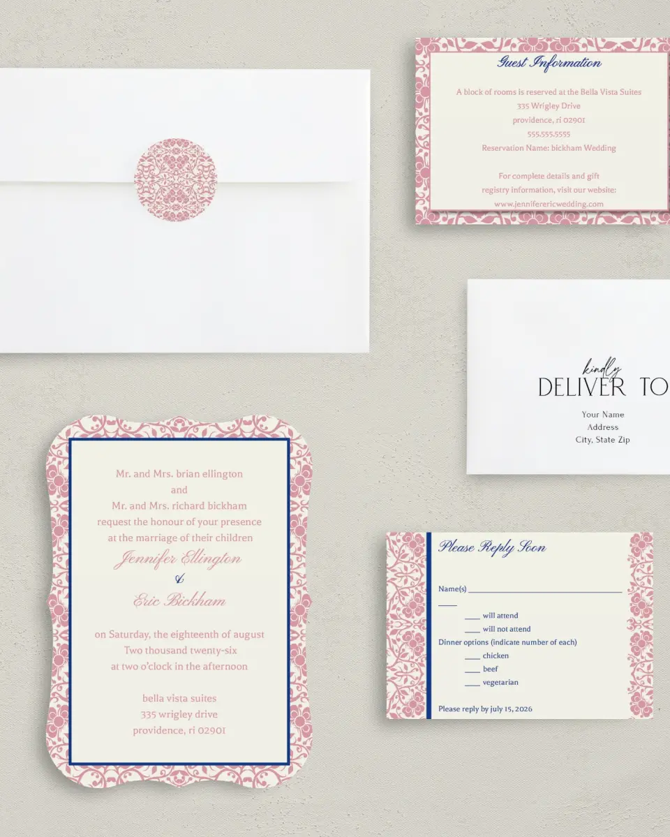 This is a 5" x 7" Bracket Wedding Invitation called Floral Ornament printed in full color on Premium Smooth paper