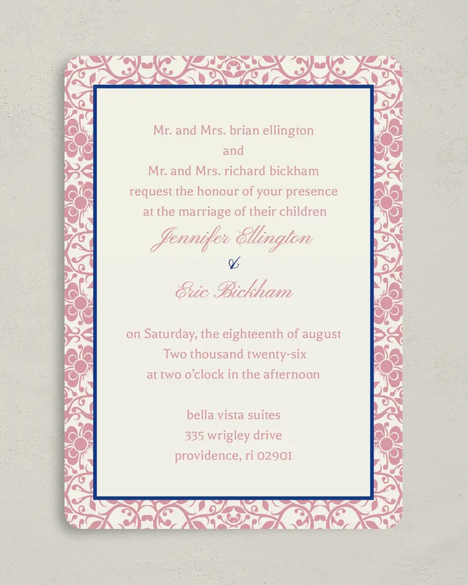 This is a 5" x 7" Rounded Wedding Invitation called Floral Ornament printed in full color on Premium Smooth paper