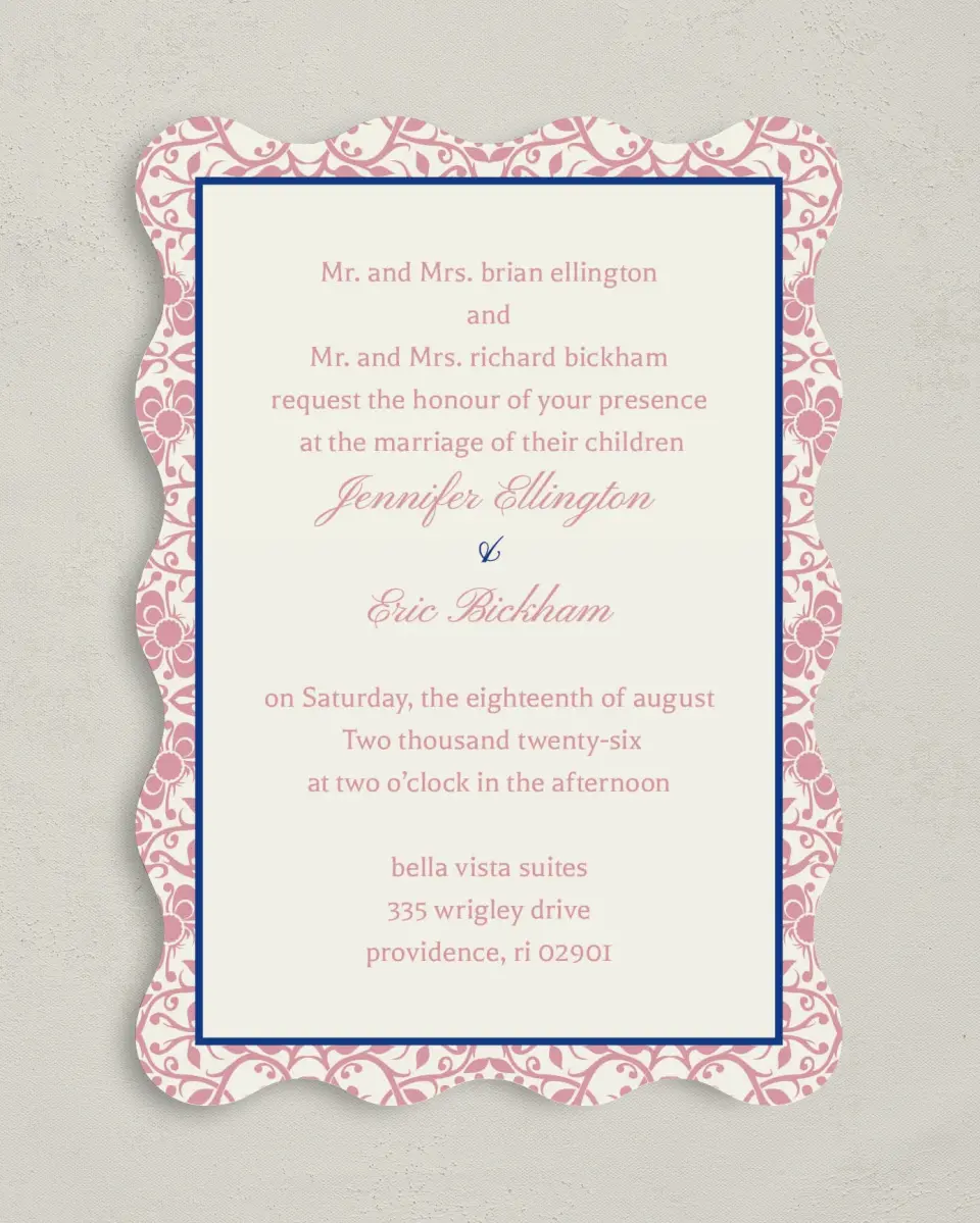 This is a 5" x 7" Wavy Wedding Invitation called Floral Ornament printed in full color on Premium Smooth paper