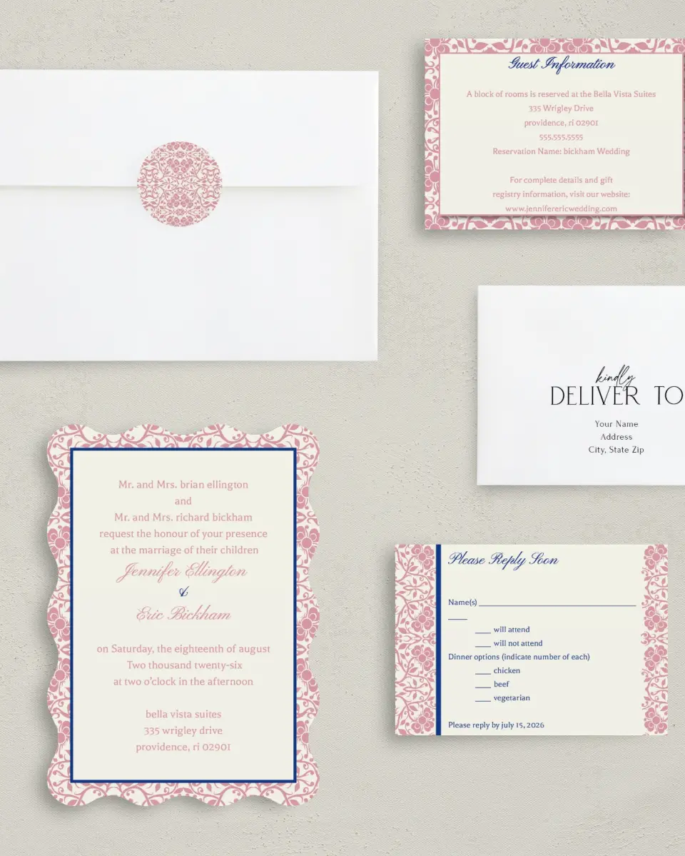 This is a 5" x 7" Wavy Wedding Invitation called Floral Ornament printed in full color with Gold foil on Luxe Satin (coated) paper