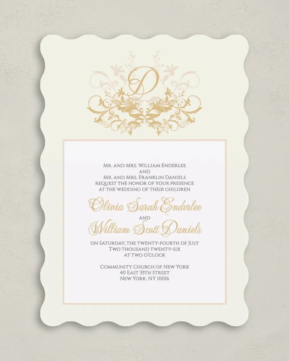 This is a 5" x 7" Wavy Wedding Invitation called Classic Allure printed in full color on Premium Smooth paper