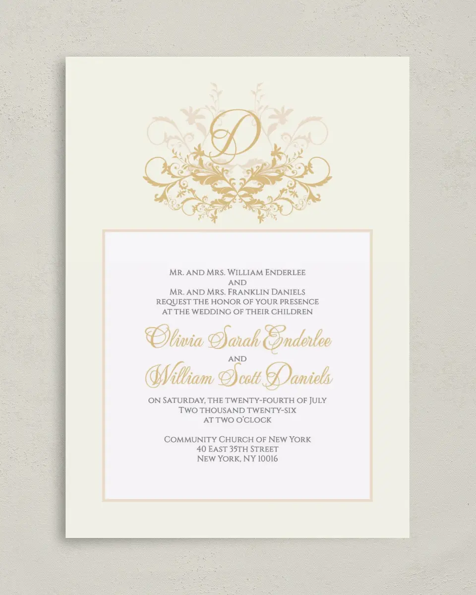 This is a 5" x 7" Classic Wedding Invitation called Classic Allure printed in full color with Gold foil on Luxe Satin (coated) paper