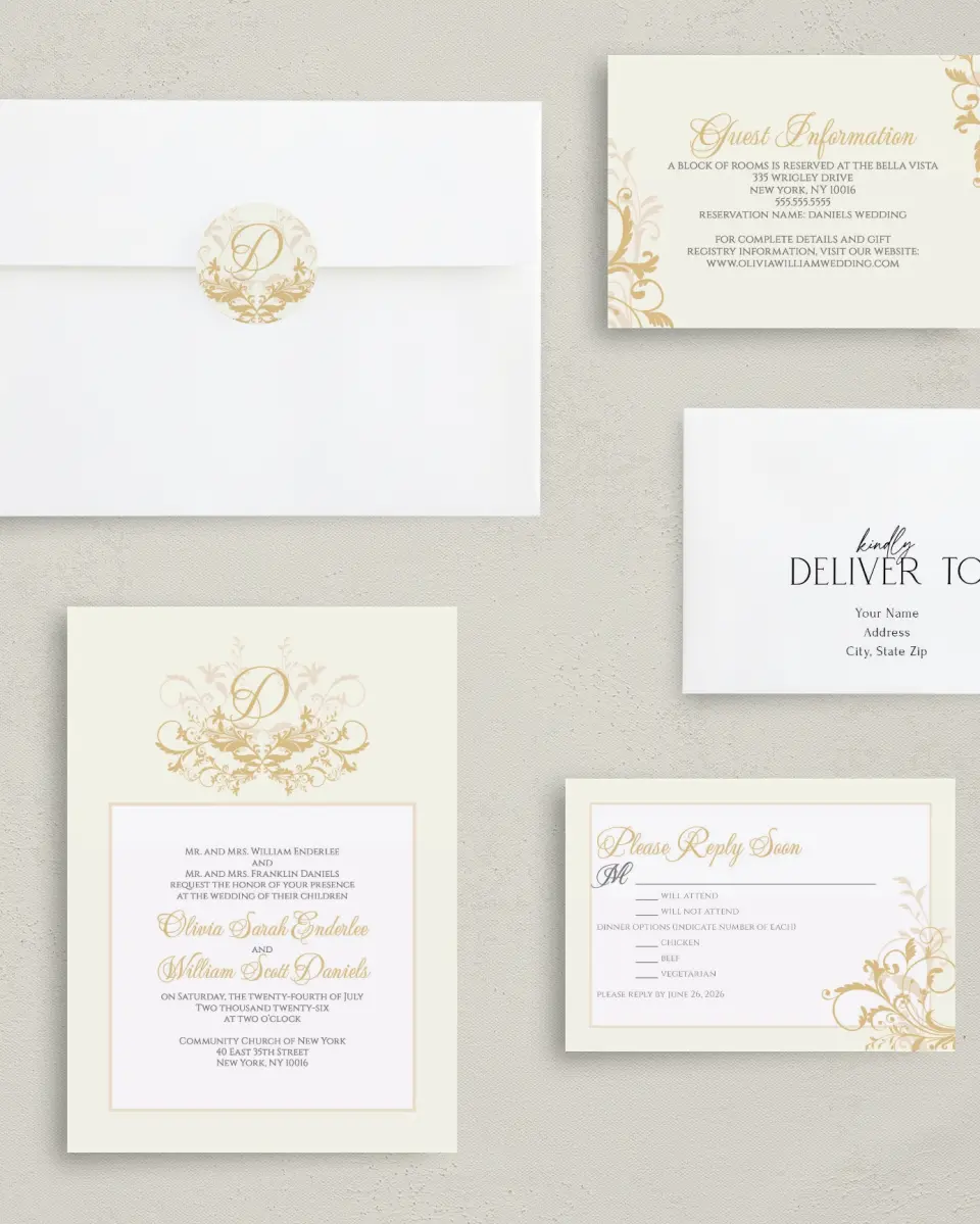 This is a 5" x 7" Classic Wedding Invitation called Classic Allure printed in full color with Gold foil on Luxe Satin (coated) paper