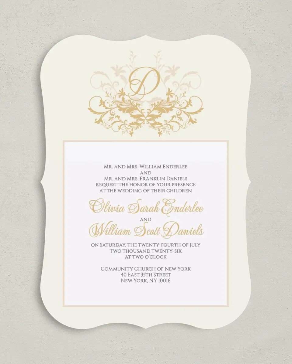 This is a 5" x 7" Bracket Wedding Invitation called Classic Allure printed in full color on Premium Smooth paper