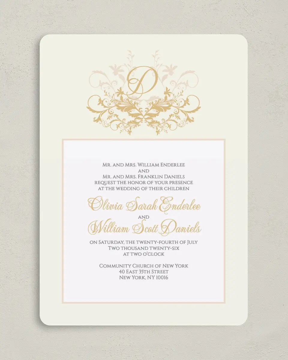 This is a 5" x 7" Rounded Wedding Invitation called Classic Allure printed in full color on Premium Smooth paper