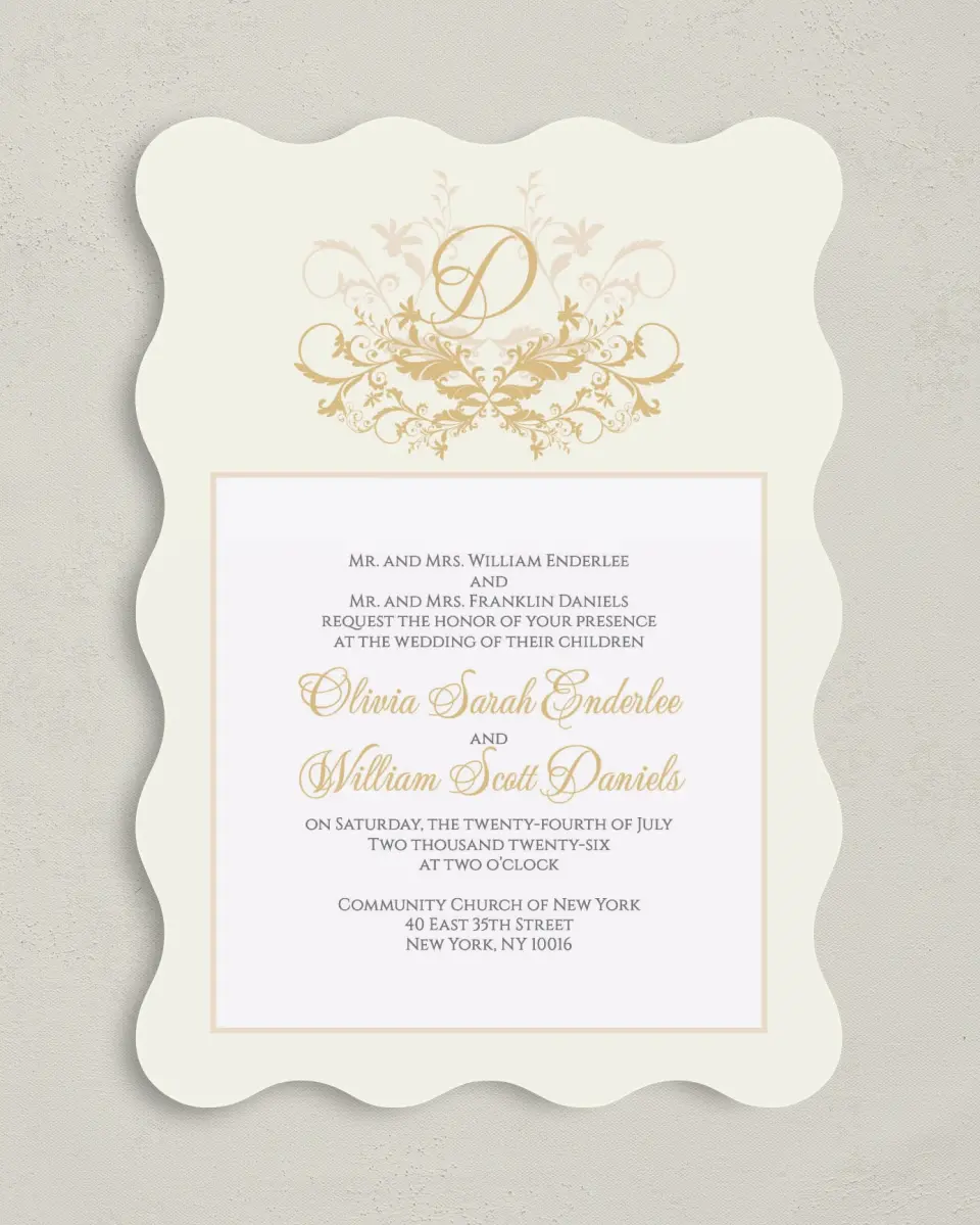 This is a 5" x 7" Wavy Wedding Invitation called Classic Allure printed in full color on Premium Smooth paper