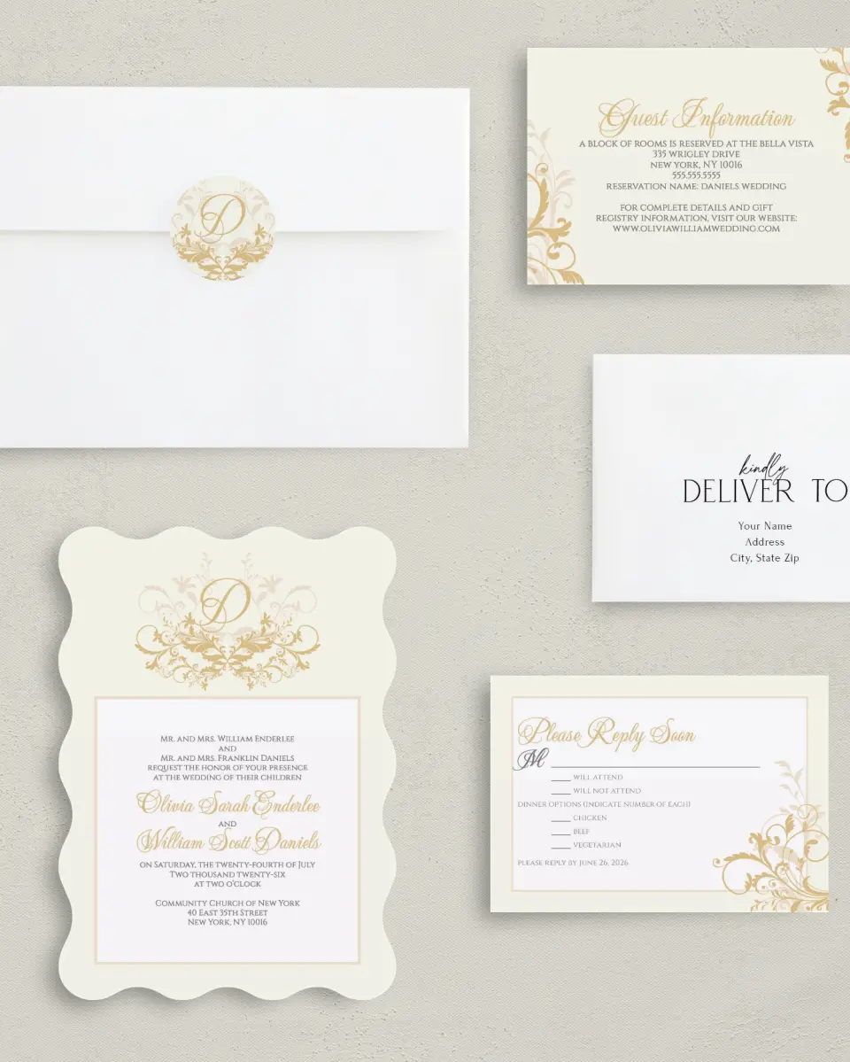 This is a 5" x 7" Wavy Wedding Invitation called Classic Allure printed in full color with Silver foil on Luxe Satin (coated) paper