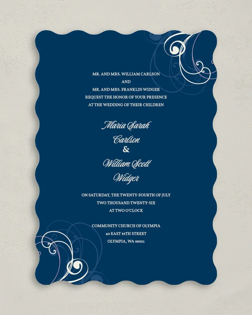 This is a 5" x 7" Wavy Wedding Invitation called Waking Beauty printed in full color on Premium Smooth paper