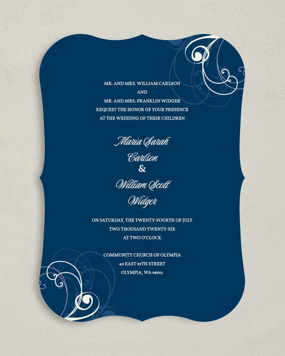 This is a 5" x 7" Bracket Wedding Invitation called Waking Beauty printed in full color on Premium Smooth paper