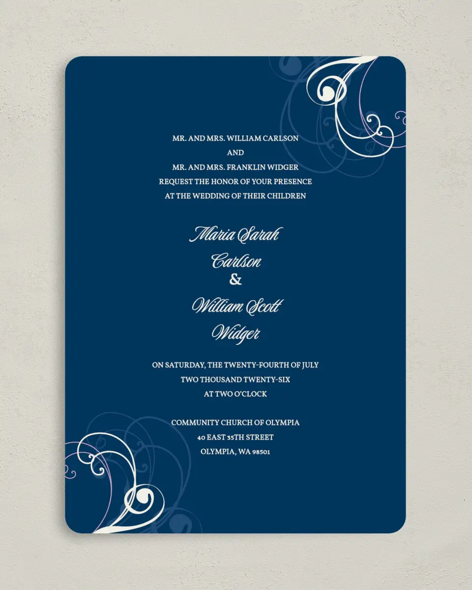 This is a 5" x 7" Rounded Wedding Invitation called Waking Beauty printed in full color on Premium Smooth paper