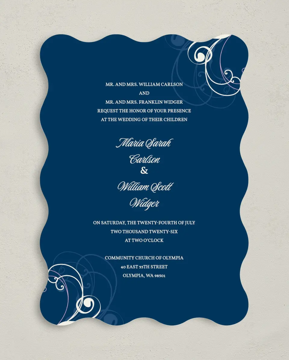 This is a 5" x 7" Wavy Wedding Invitation called Waking Beauty printed in full color on Premium Smooth paper