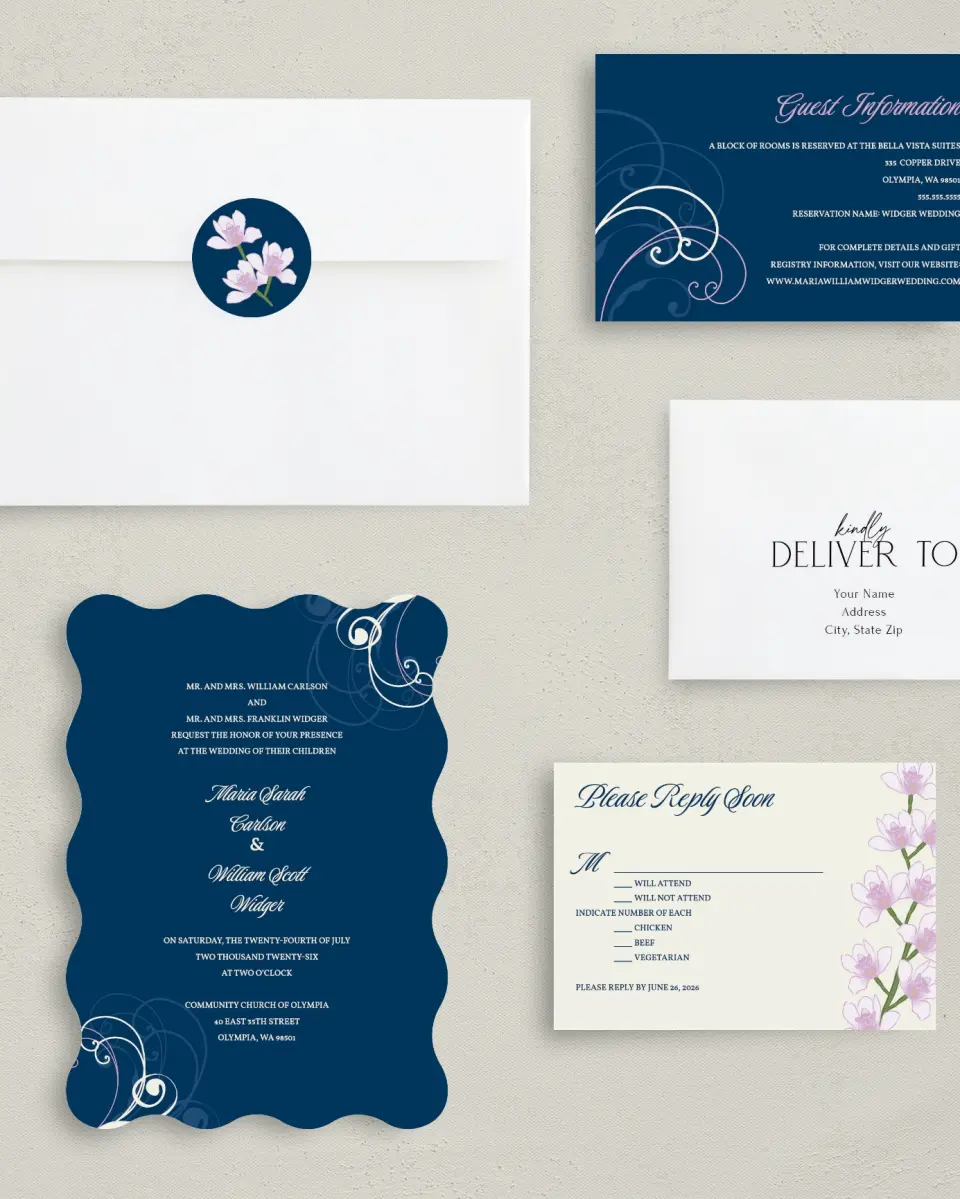 This is a 5" x 7" Wavy Wedding Invitation called Waking Beauty printed in full color with Gold foil on Luxe Satin (coated) paper