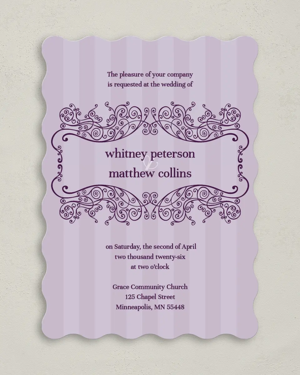 This is a 5" x 7" Wavy Wedding Invitation called Lovely Lavender printed in full color on Premium Smooth paper