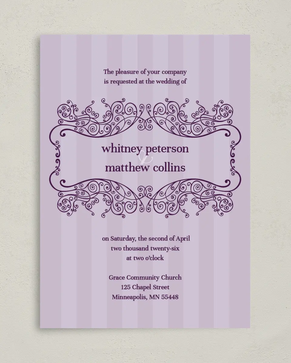 This is a 5" x 7" Classic Wedding Invitation called Lovely Lavender printed in full color on Premium Smooth paper