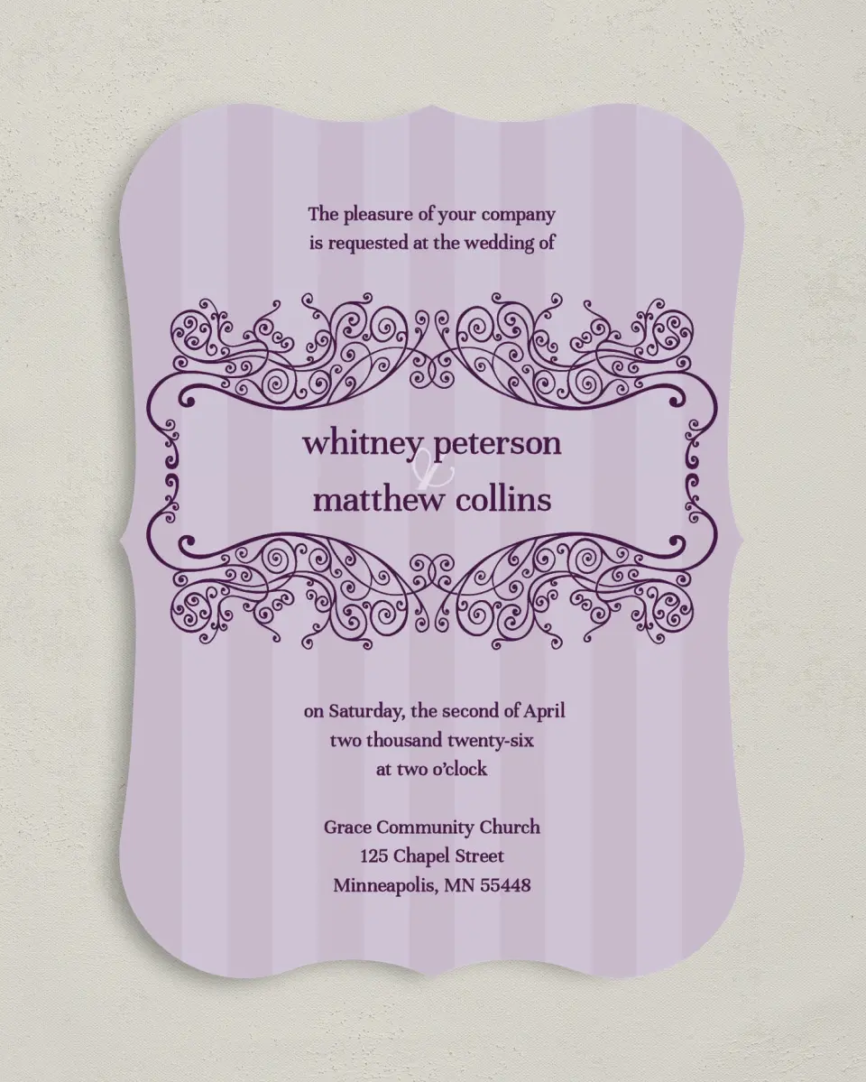 This is a 5" x 7" Bracket Wedding Invitation called Lovely Lavender printed in full color on Premium Smooth paper