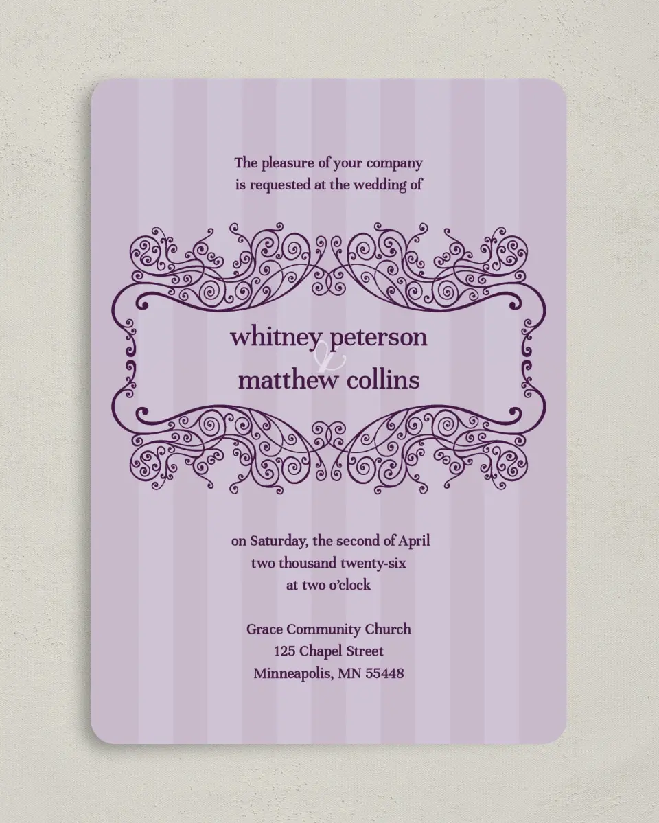 This is a 5" x 7" Rounded Wedding Invitation called Lovely Lavender printed in full color on Premium Smooth paper