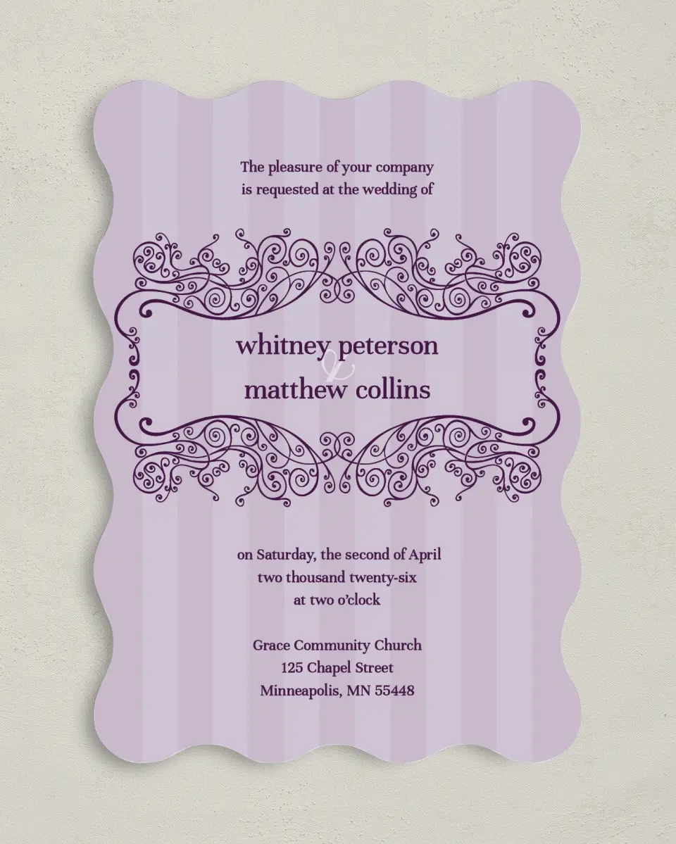 This is a 5" x 7" Wavy Wedding Invitation called Lovely Lavender printed in full color on Premium Smooth paper
