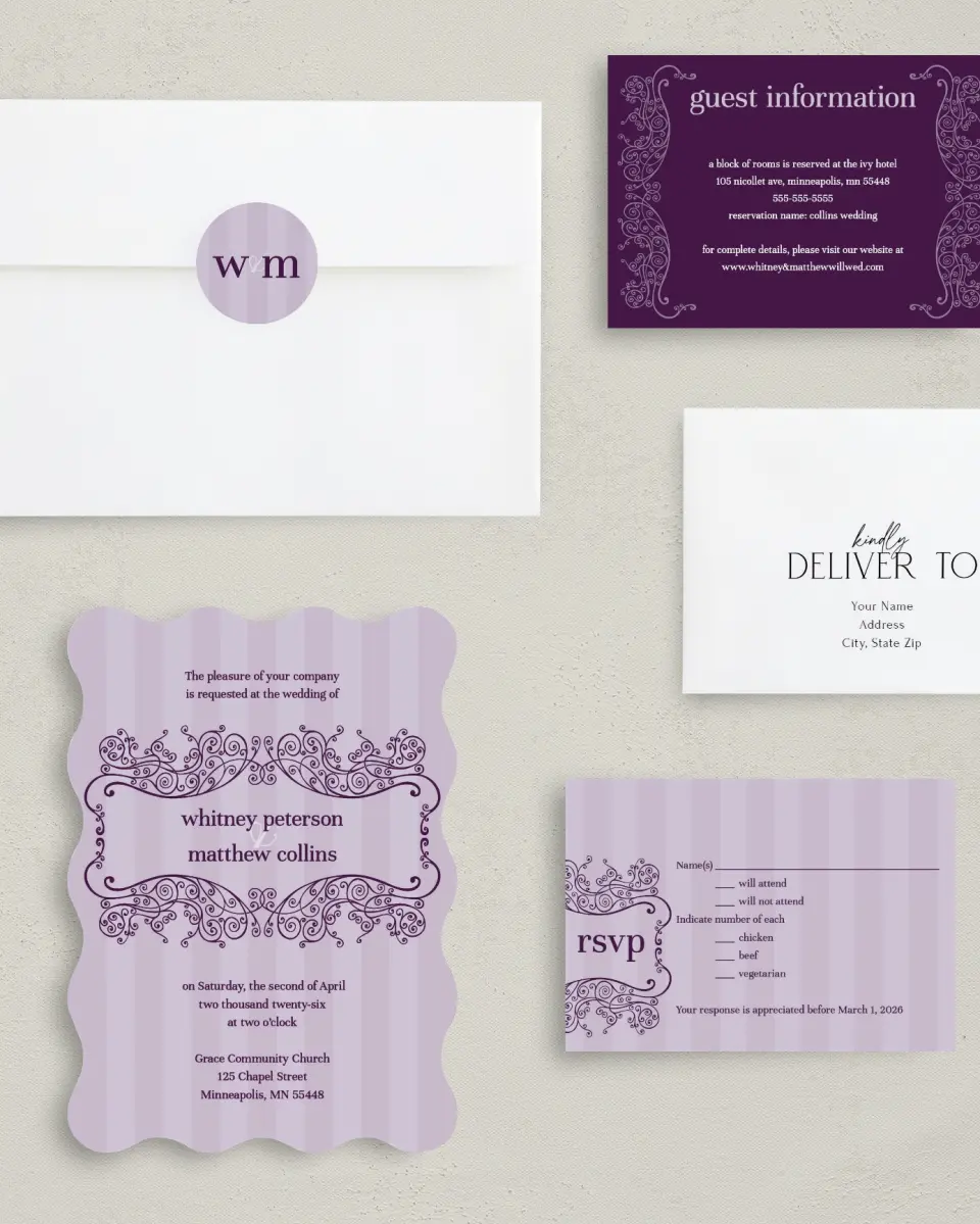 This is a 5" x 7" Wavy Wedding Invitation called Lovely Lavender printed in full color with Gold foil on Luxe Satin (coated) paper