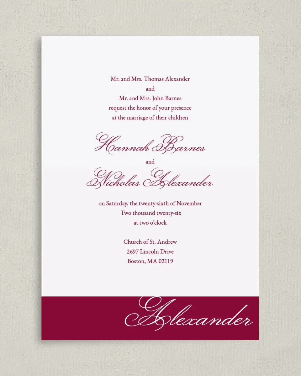This is a 5" x 7" Classic Wedding Invitation called Forever Yours printed in full color with Gold foil on Luxe Satin (coated) paper
