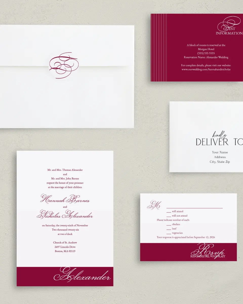This is a 5" x 7" Classic Wedding Invitation called Forever Yours printed in full color with Gold foil on Luxe Satin (coated) paper
