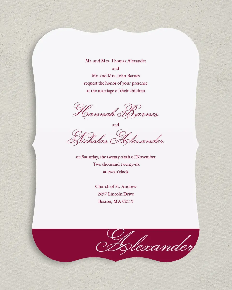 This is a 5" x 7" Bracket Wedding Invitation called Forever Yours printed in full color on Premium Smooth paper