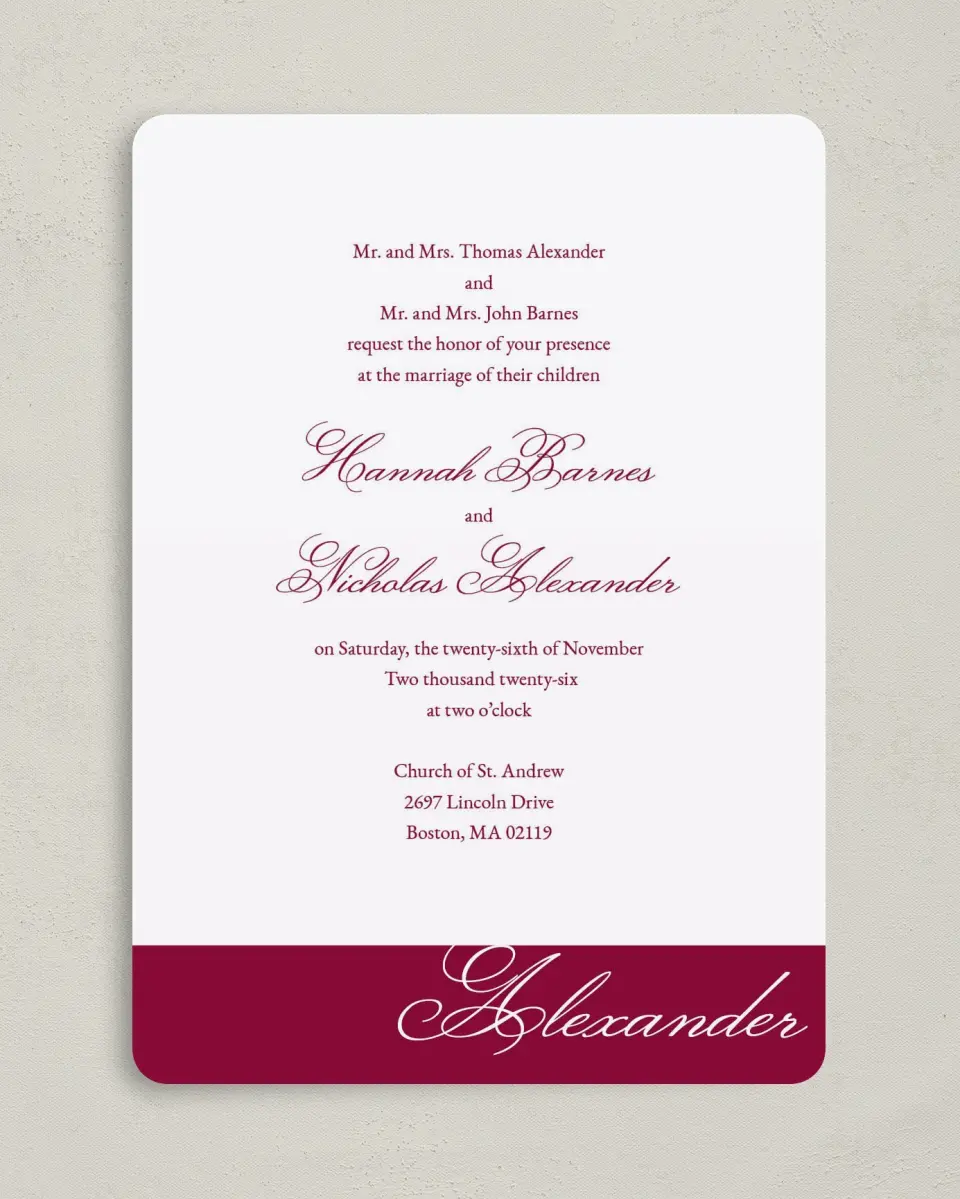 This is a 5" x 7" Rounded Wedding Invitation called Forever Yours printed in full color on Premium Smooth paper