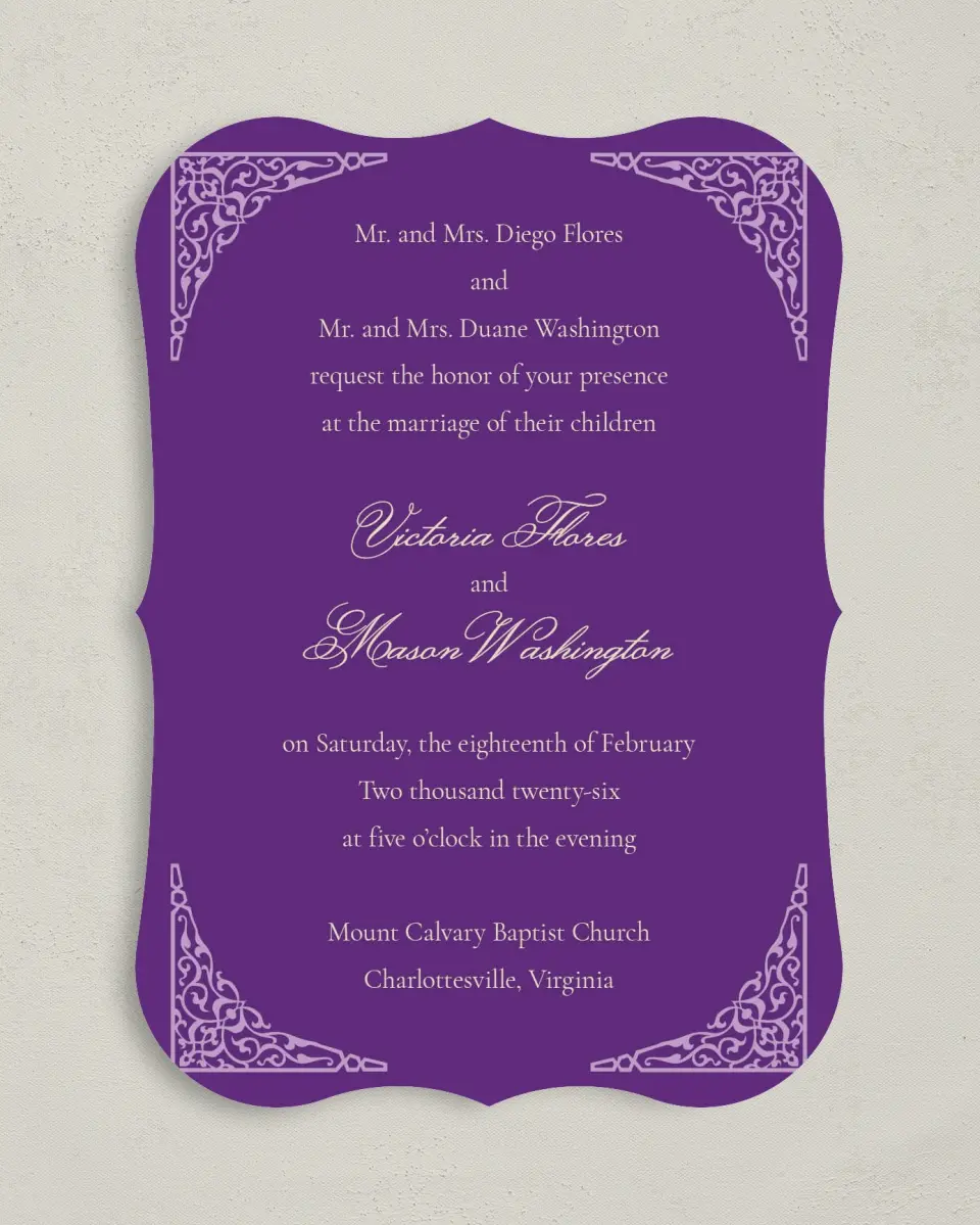 This is a 5" x 7" Bracket Wedding Invitation called Simple Tradition printed in full color on Premium Smooth paper