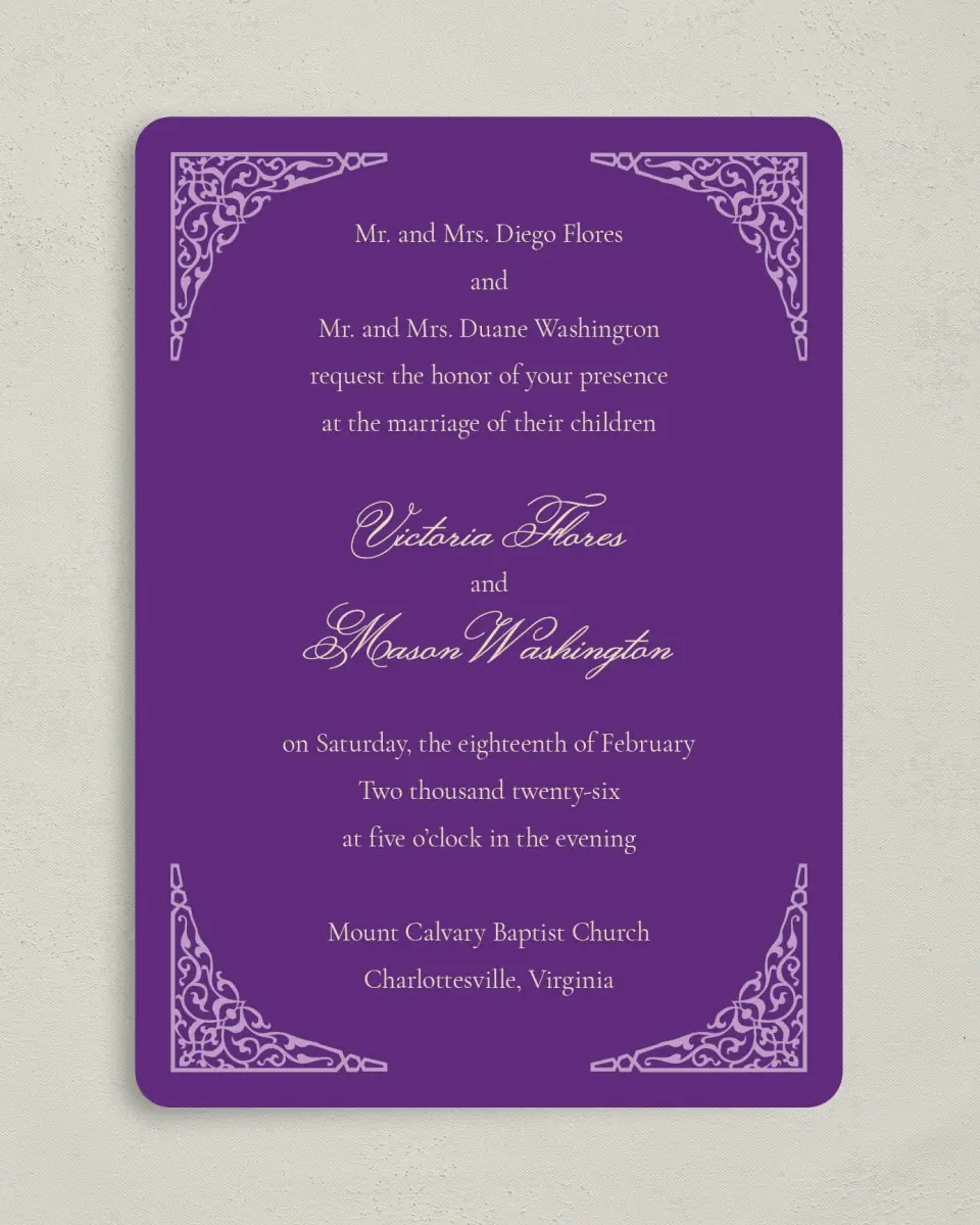 This is a 5" x 7" Rounded Wedding Invitation called Simple Tradition printed in full color on Premium Smooth paper