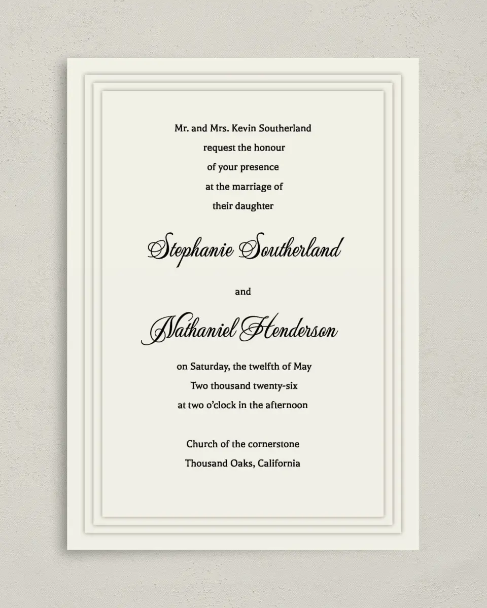 This is a 5" x 7" Classic Wedding Invitation called Classic Elegance printed in full color with Gold foil on Luxe Satin (coated) paper