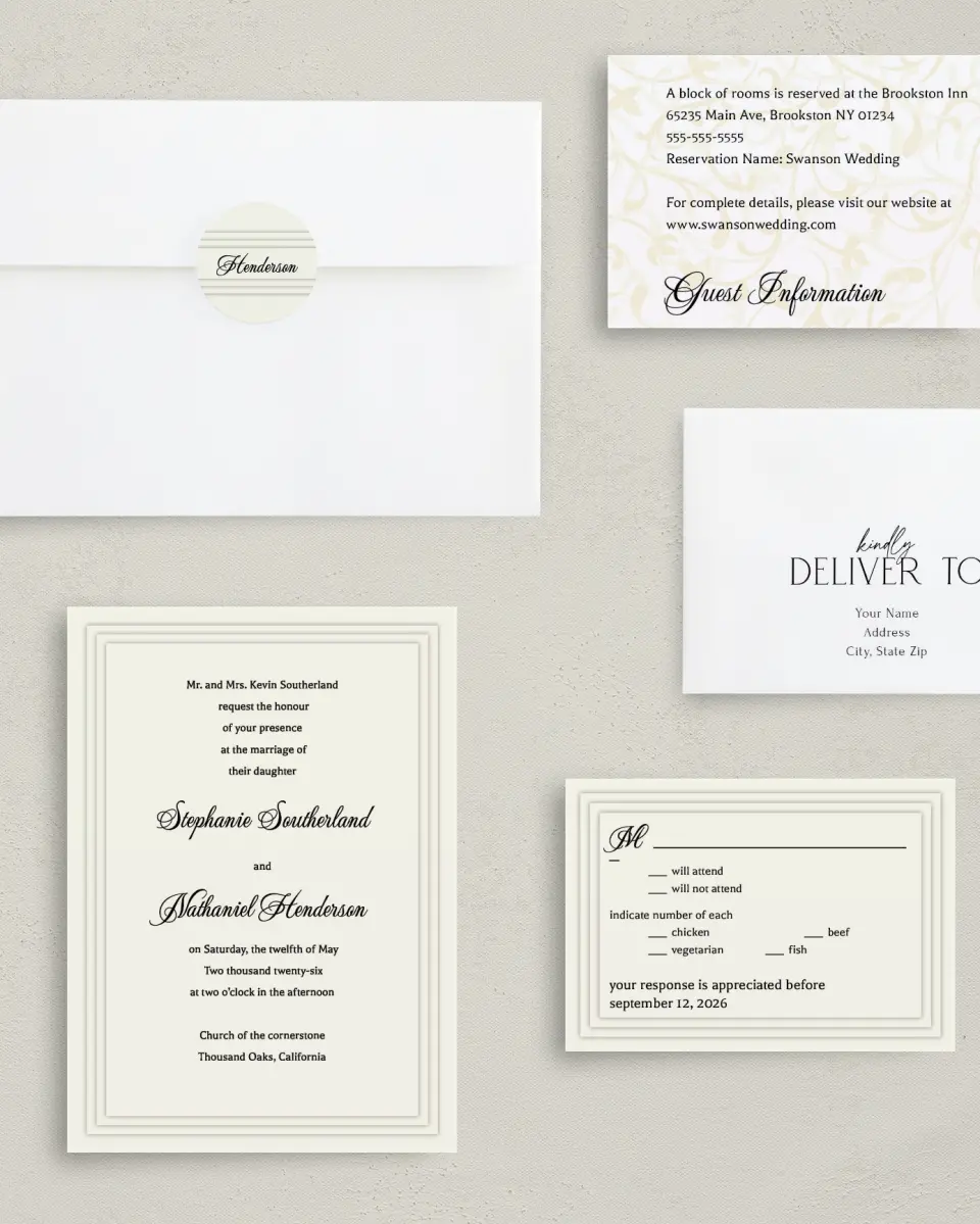 This is a 5" x 7" Classic Wedding Invitation called Classic Elegance printed in full color with Gold foil on Luxe Satin (coated) paper