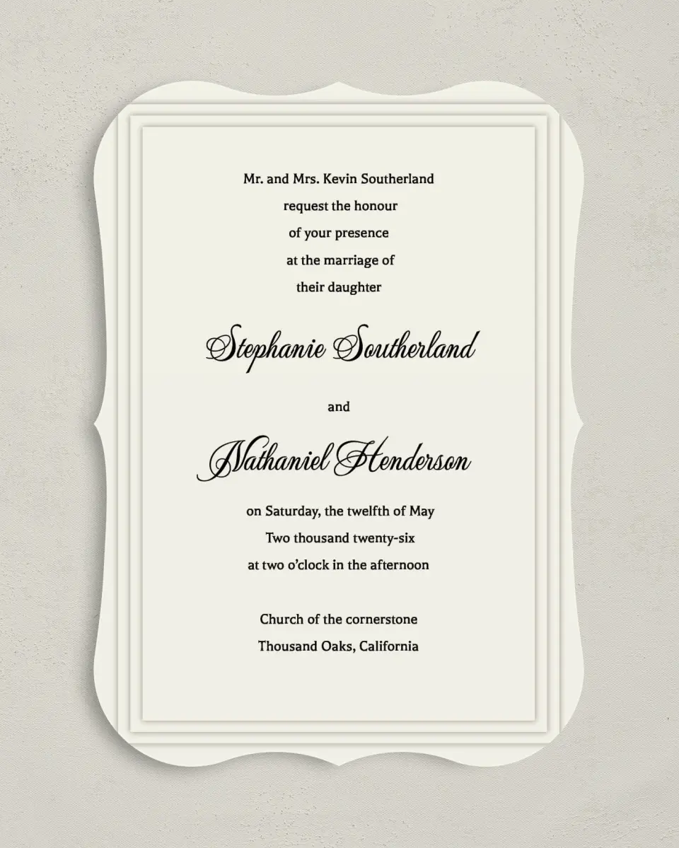 This is a 5" x 7" Bracket Wedding Invitation called Classic Elegance printed in full color on Premium Smooth paper