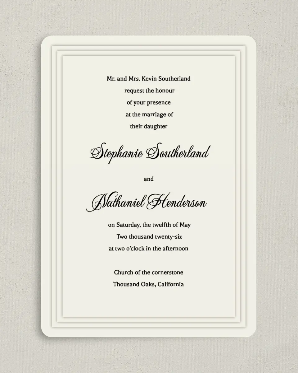 This is a 5" x 7" Rounded Wedding Invitation called Classic Elegance printed in full color on Premium Smooth paper