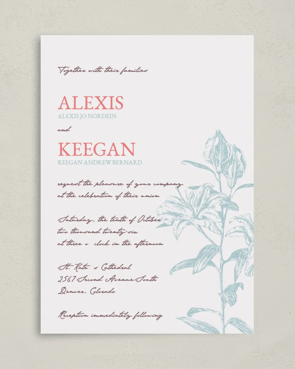 This is a 5" x 7" Classic Wedding Invitation called Honey Blossoms printed in full color on Premium Smooth paper