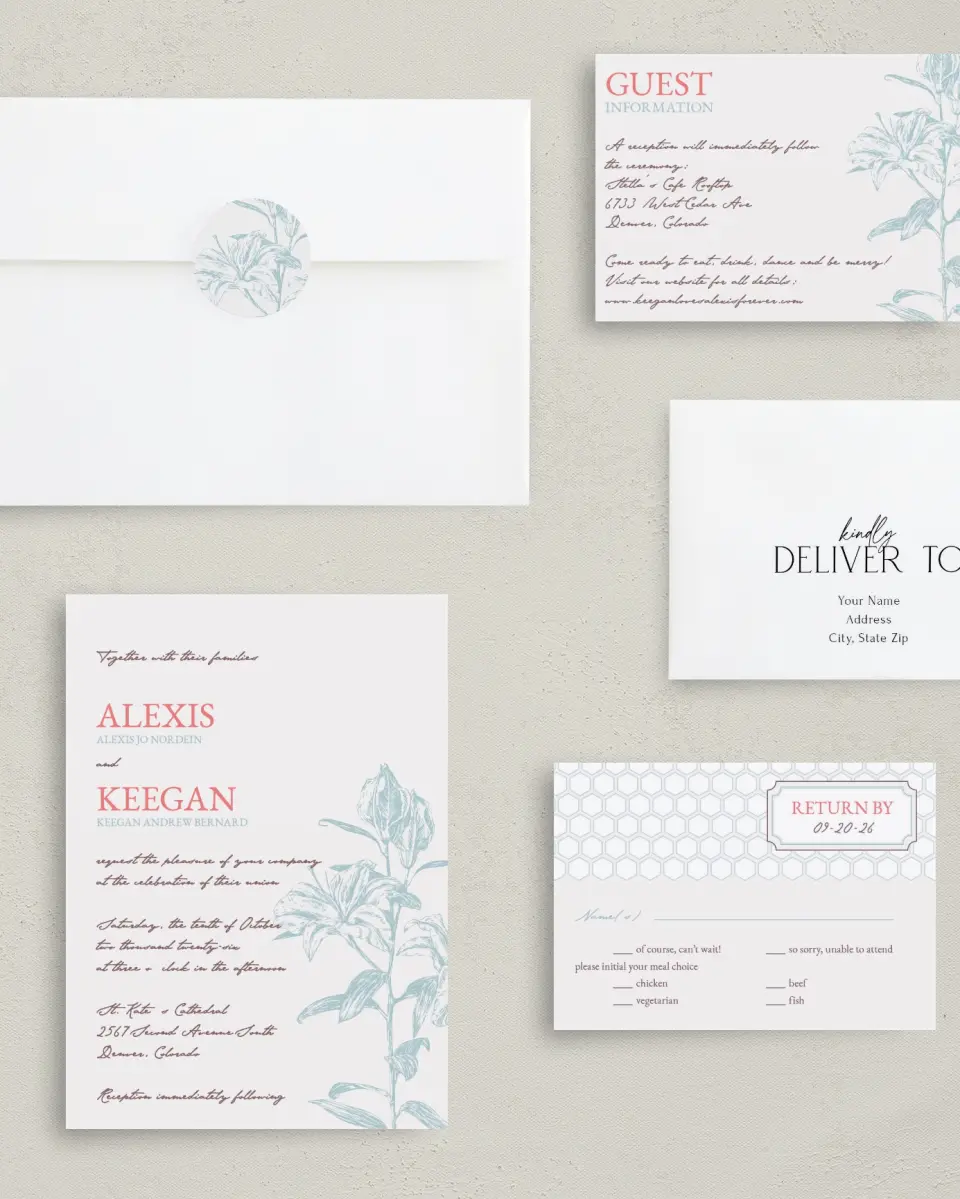 This is a 5" x 7" Classic Wedding Invitation called Honey Blossoms printed in full color on Premium Smooth paper
