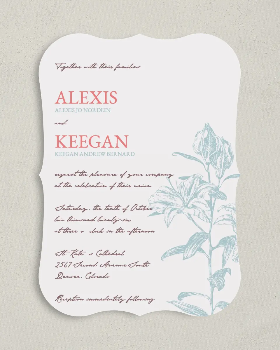 This is a 5" x 7" Bracket Wedding Invitation called Honey Blossoms printed in full color on Premium Smooth paper