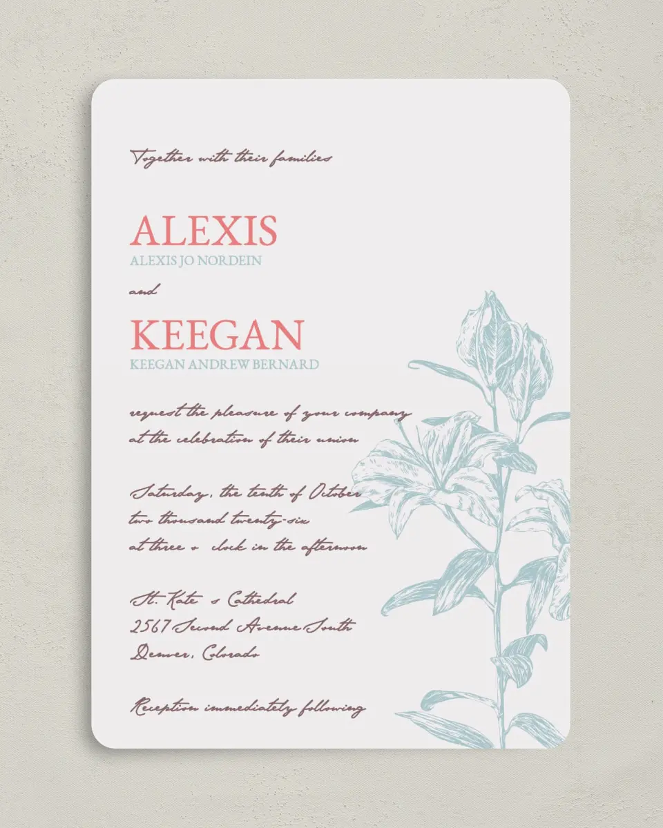 This is a 5" x 7" Rounded Wedding Invitation called Honey Blossoms printed in full color on Premium Smooth paper