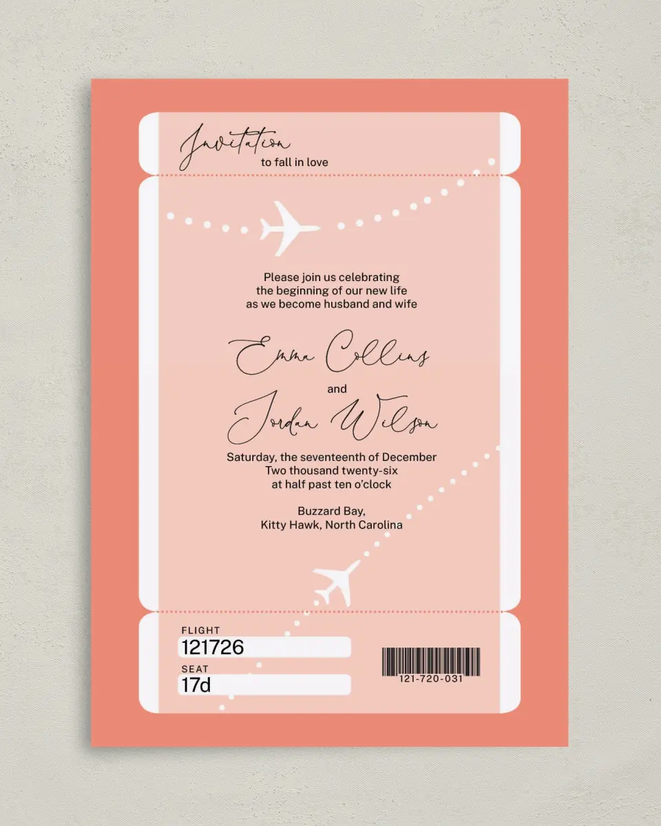 This is a 5" x 7" Classic Wedding Invitation called Love Airways printed in full color on Premium Smooth paper