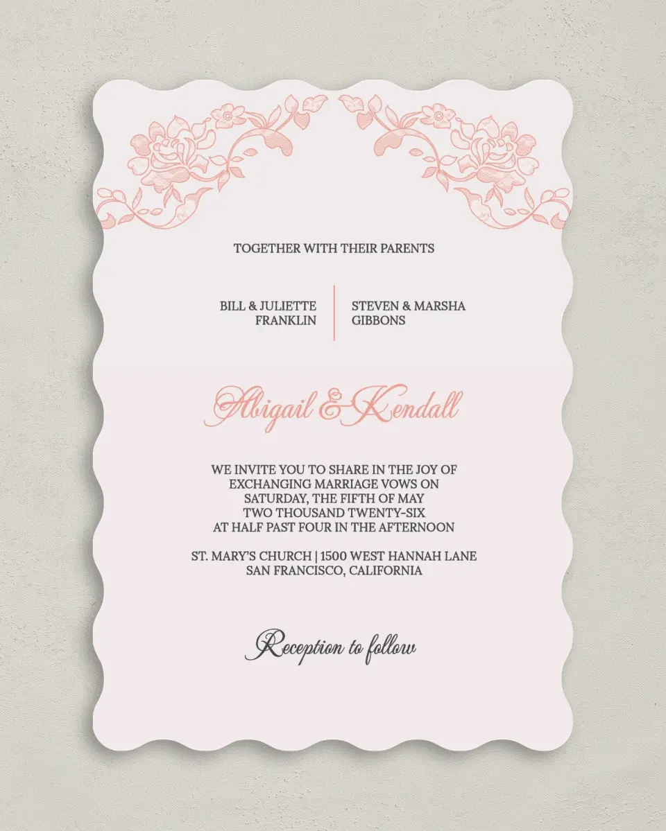 This is a 5" x 7" Wavy Wedding Invitation called Vintage Applique printed in full color on Premium Smooth paper