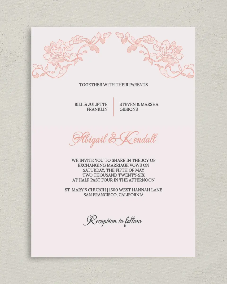 This is a 5" x 7" Classic Wedding Invitation called Vintage Applique printed in full color on Premium Smooth paper