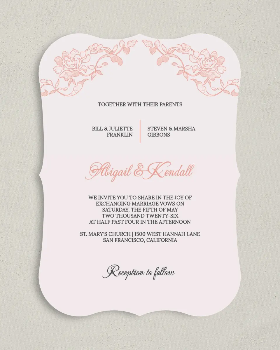 This is a 5" x 7" Bracket Wedding Invitation called Vintage Applique printed in full color on Premium Smooth paper