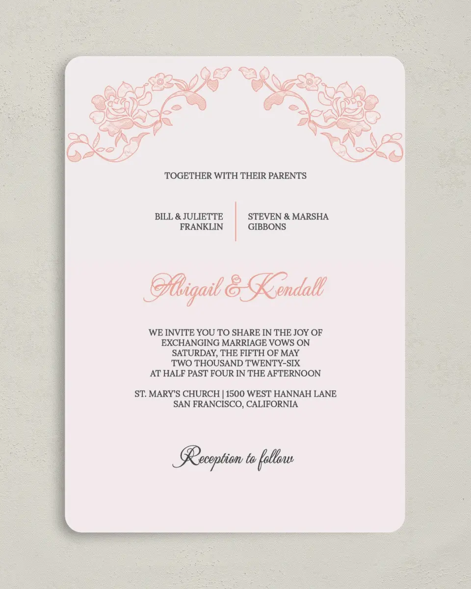 This is a 5" x 7" Rounded Wedding Invitation called Vintage Applique printed in full color on Premium Smooth paper