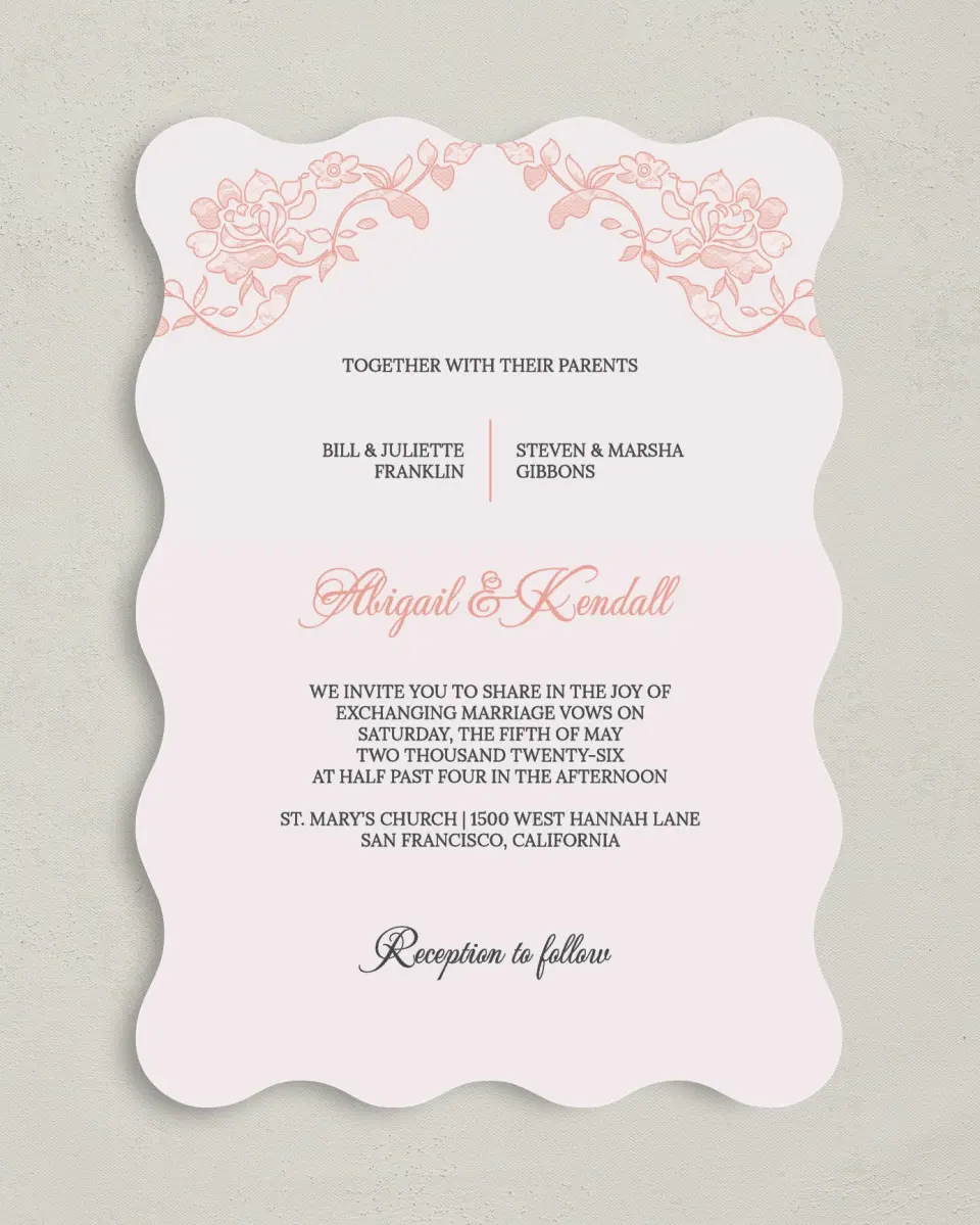 This is a 5" x 7" Wavy Wedding Invitation called Vintage Applique printed in full color with Gold foil on Luxe Satin (coated) paper