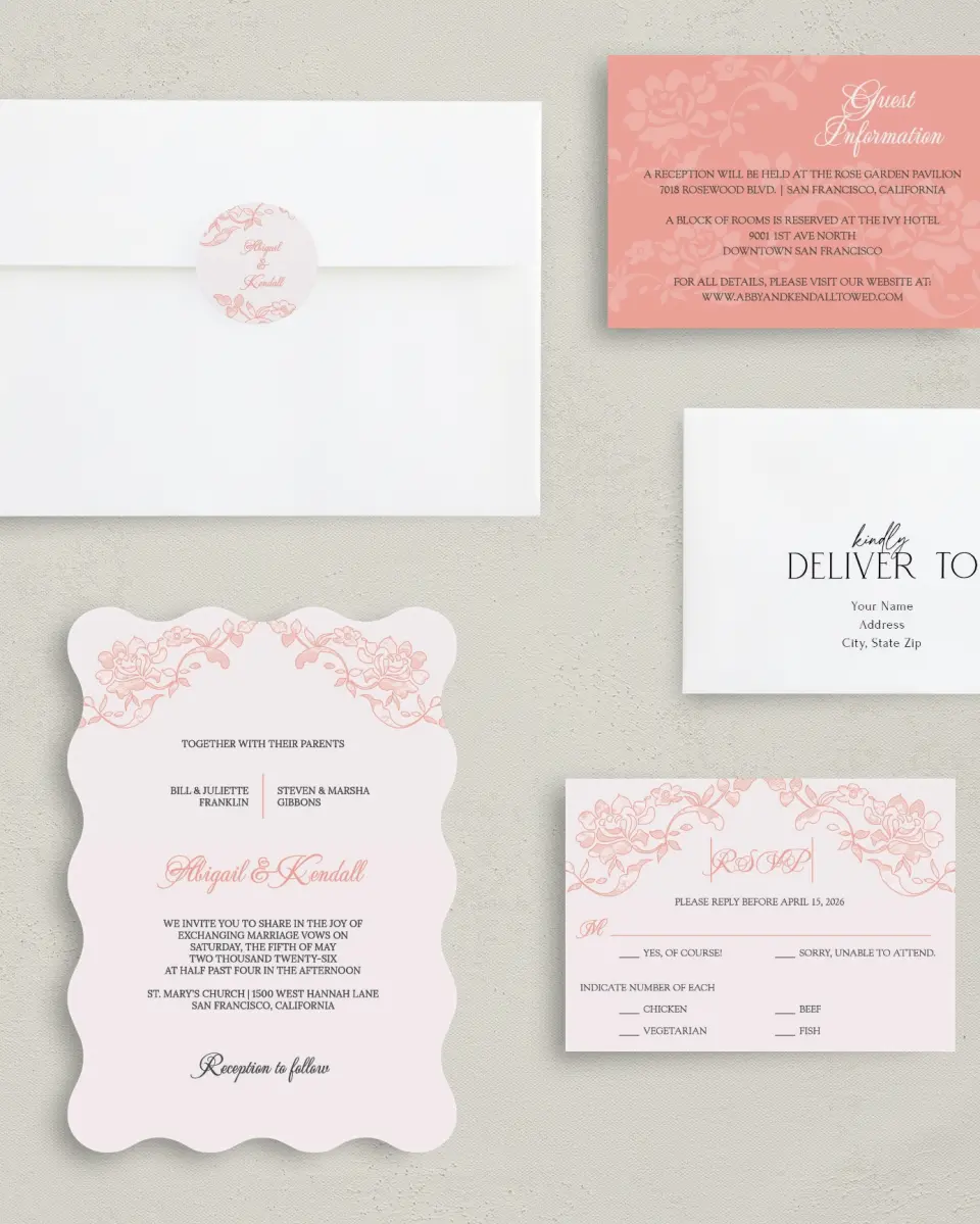 This is a 5" x 7" Wavy Wedding Invitation called Vintage Applique printed in full color with Gold foil on Luxe Satin (coated) paper