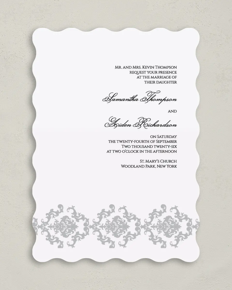This is a 5" x 7" Wavy Wedding Invitation called Damask Elegance printed in full color on Premium Smooth paper